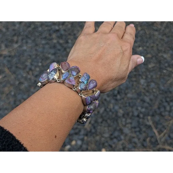 Vintage Bracelet Heavy Silver Statement Jewelry Art Deco Purp Turq sz ADJ *** - Picture 7 of 12